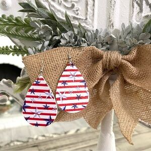 Patriotic Star & Stripes Flag Faux Leather Teardrop Dangle Earrings